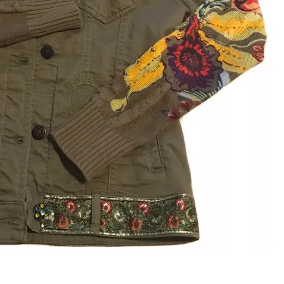 Desigual Khaki Denim Jean Jacket Floral Knit Sequin Trim Size Small - Picture 2 of 8